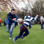 Fergus McFadden and a young Leinster fan during a game of stuck in the mud 5/5/2012