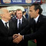 Giovanni Trapattoni shakes hands with Cesare Prandelli 7/6/2011