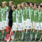 The Ireland team stand for the national anthem 24/8/2011