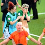 Savannah McCarthy is consoled by Shannon Carson after the game 24/7/2014