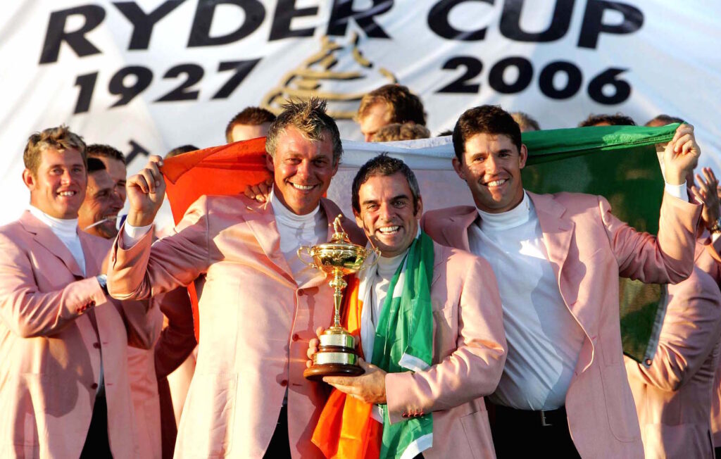 Darren Clarke, Paul McGinley and Padraig Harrington celebrate with the Ryder Cup 24/9/2006