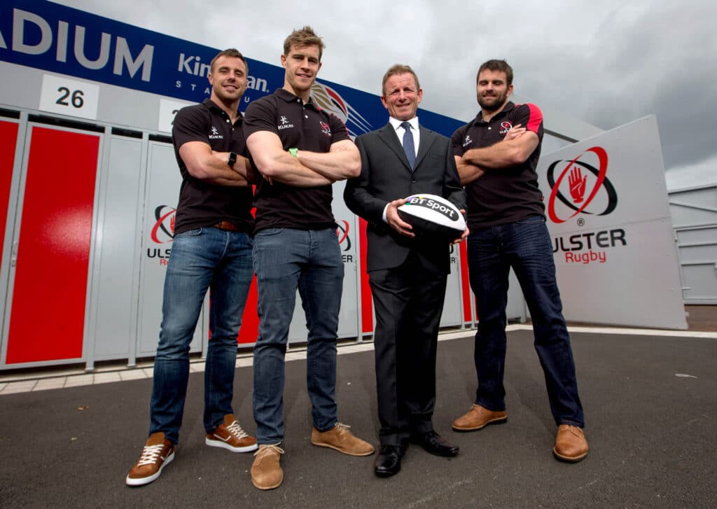Tommy Bowe, Andrew Trimble and Jared Payne with Peter Russell 8/7/2015
