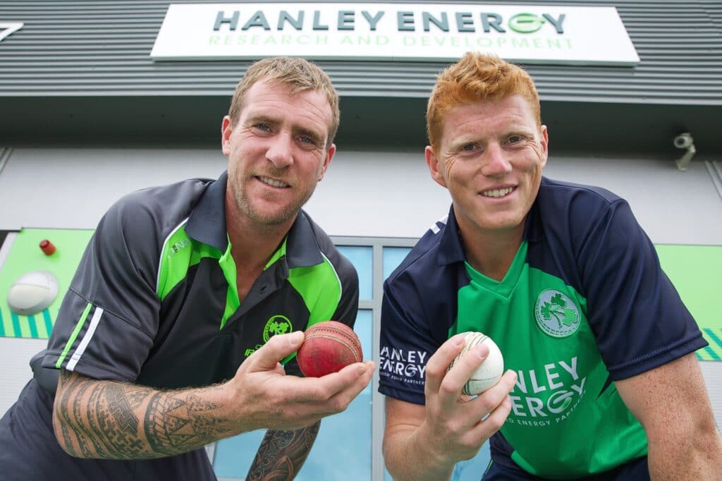 19/08/15. John Mooney - Irish Cricket all-rounder and Kevin O’Brien – Irish Cricket vice-captain and all-rounder pictured at the announcement of the New Irish Cricket Team Sponsors at Hanley Energy HQ. ahead of the Hanley Energy Challenge versus World Champions Australia in Stormont on 27th August. Photo by: Sean Brosnan