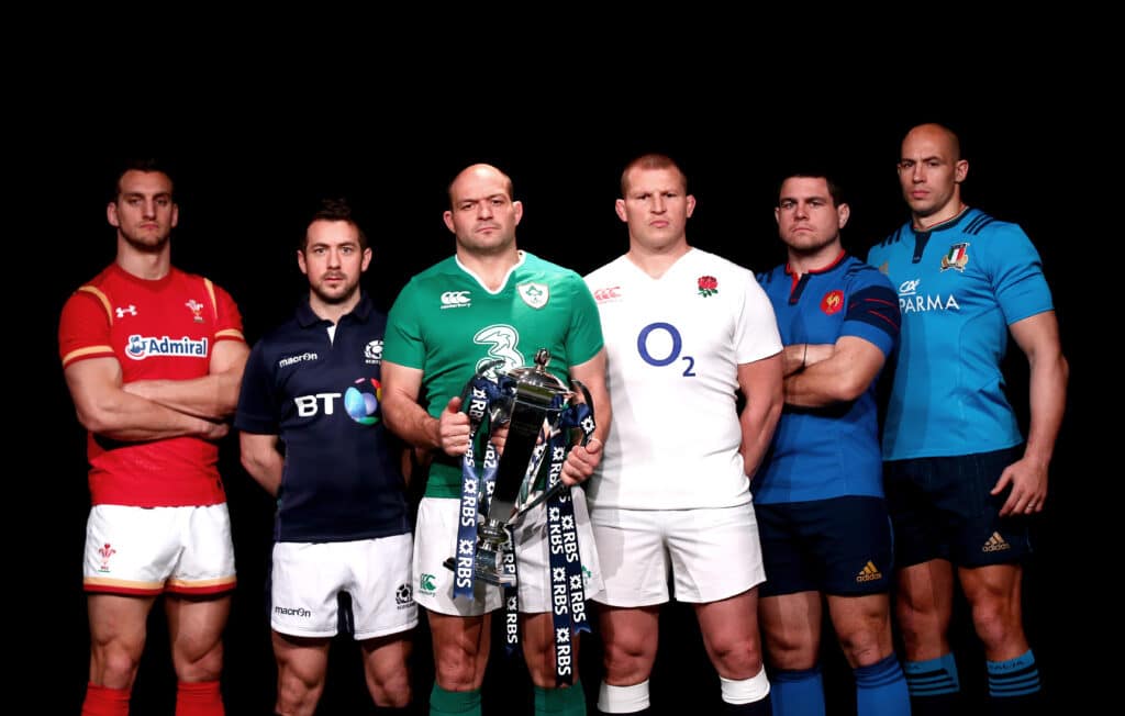 Sam Warburton, Greig Laidlaw, Rory Best, Dylan Hartley, Guilhem Guirado and Sergio Parisse with the RBS 6 Nations trophy 27/1/2016