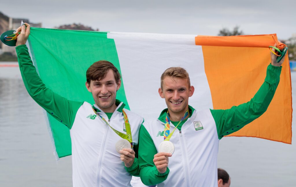 Gary and Paul O'Donovan celebrate winning a silver medal 12/8/2016